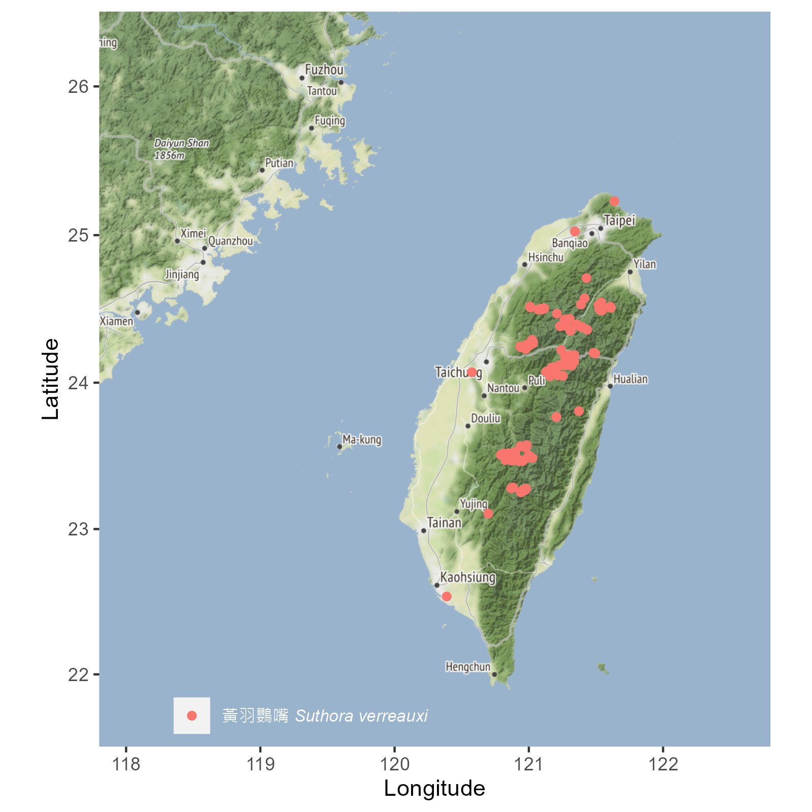 Suthora verreauxi -dist-map 黃羽鸚嘴台灣分布地圖