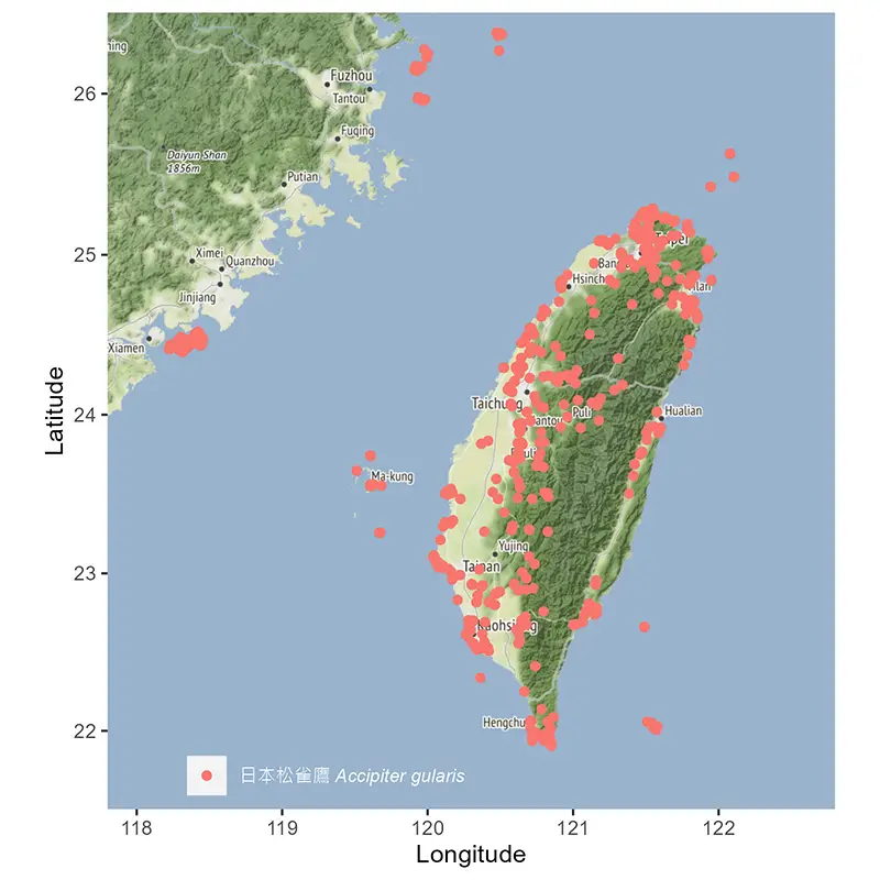 Accipiter gularis -dist-map 寒林豆雁台灣分布地圖